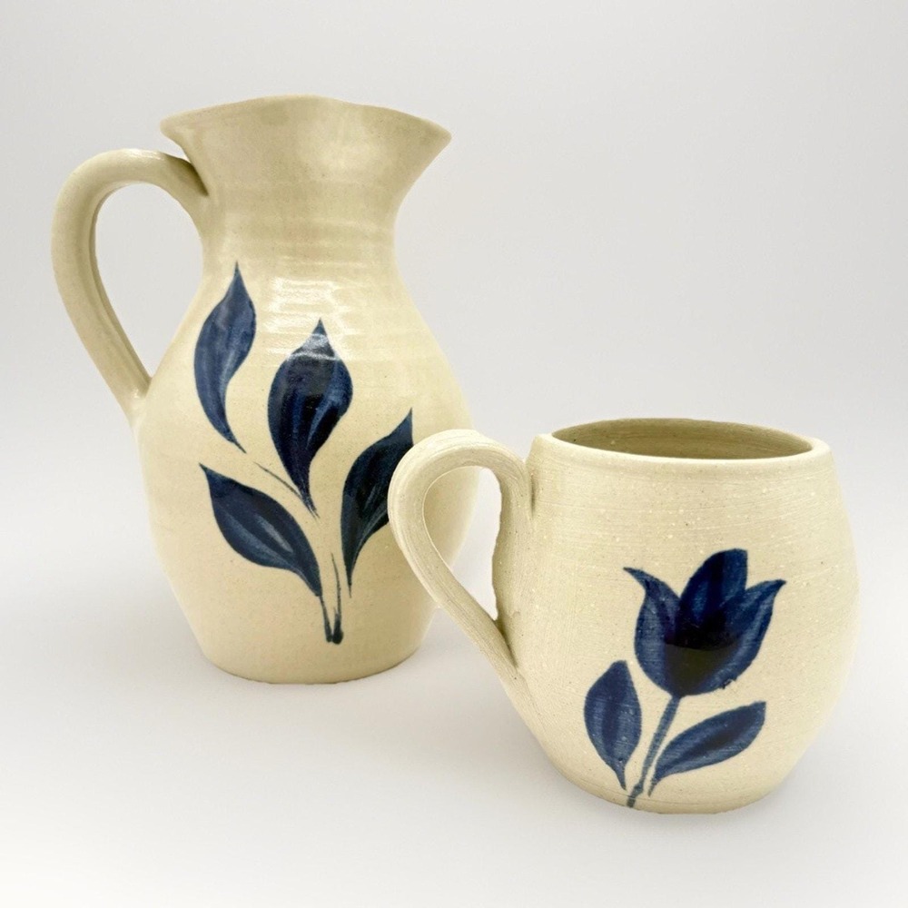 Vintage Williamsburg Petite Pottery Pitcher & Mug Set Blue Tulip Salt Glaze